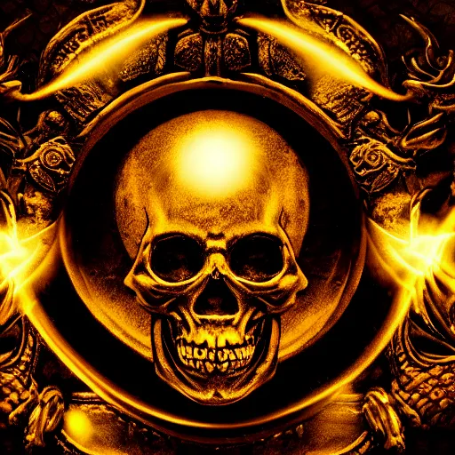 Image similar to chiaroscuro baroque still life octane render of a ray of god light shining on golden skull with head completely covered in engraved ancient runic inscriptions prophecies, spells, dark ominous background.