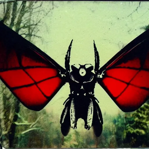 Image similar to Polaroid photo of Mothman flying, detailed, with red eyes, dark, brooding, scary