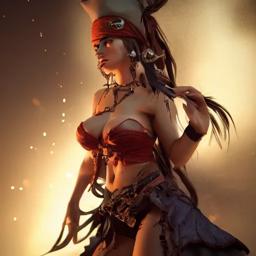 Image similar to full body pose, hyperrealistic photograph of a attractive pirate woman, dim volumetric lighting, 8 k, octane beautifully detailed render, extremely hyper detailed, intricate, epic composition, cinematic lighting, masterpiece, trending on artstation, very very detailed, stunning, hdr, smooth, sharp focus, high resolution, award, winning photo, dslr, 5 0 mm