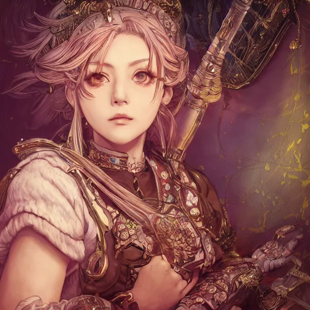 Image similar to the portrait of neutral good colorful female cleric bard as absurdly beautiful, gorgeous, elegant, young gravure idol, an ultrafine hyperdetailed illustration by kim jung gi, irakli nadar, intricate linework, sharp focus, bright colors, octopath traveler, final fantasy, unreal engine 5 highly rendered, global illumination, radiant light, detailed and intricate environment