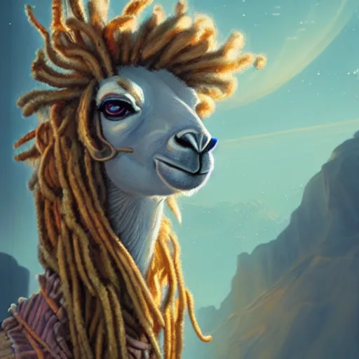 Image similar to llama with dreadlocks, industrial sci-fi, by Mandy Jurgens, Ernst Haeckel, James Jean, artstation, concept art, with beautiful colors