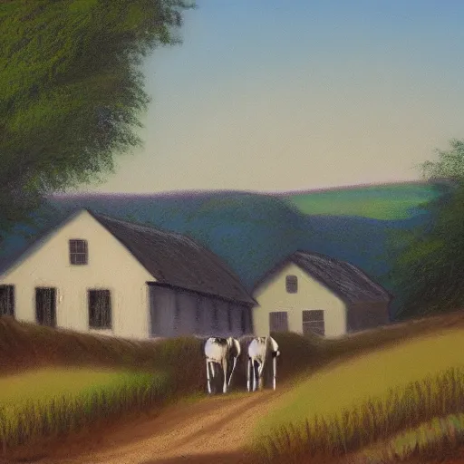Image similar to Jefferson and Washington walking inside amish houses among hills and fields, pastel style painting