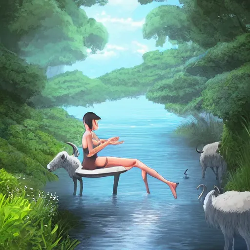 Image similar to a rough digital painting of a person with furry goat legs lounging next to a river with a finger in the water in the forest, digital painting, fantasy, studio ghibli environment, overhead canopy