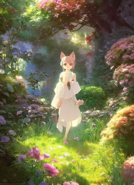 Image similar to portrait of a cute cat in an enchanted garden, digital illustration, by makoto shinkai and ruan jia