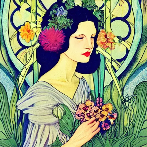 Prompt: a painting of a woman with flowers in her hair, an art deco painting by leo and diane dillon, behance contest winner, art nouveau, pre - raphaelite, made of flowers, wiccan