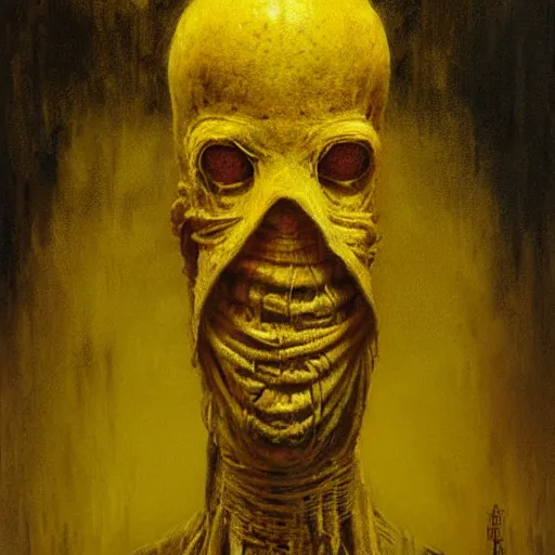 Image similar to Hastur the King in Yellow mummified monarch by Greg Rutkowski and Zdzisław Beksiński, high quality painting