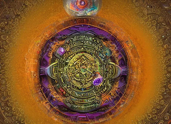 Image similar to hyperrealism, detailed textures, photorealistic 3 d render, a mystical wizard wearing a beautifully coloured tibetan kalachakra crystal mandala with sanskrit writing as a pendant, sharp focus, ultra realistic, ultra high pixel detail, cinematic, intricate, cinematic light, concept art, illustration, art station, unreal engine 8 k