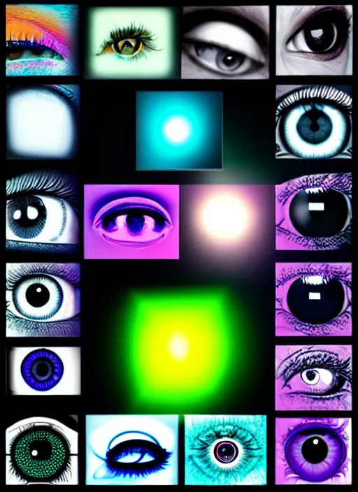 Image similar to grid montage of opticals with cube shaped iris, square shaped black dilated pupils cubes, cube shaped, detailed colored textures, lashes, advanced art, art styles mix, wet reflections in square eyecubes, sunshine light, hd macro photograph, from side, various cube eyelid positions