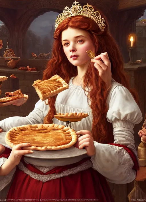 Image similar to highly detailed closeup portrait of a fairytale medieval princess eating meat pies, stephen bliss, unreal engine, greg rutkowski, ilya kuvshinov, ross draws, tom bagshaw, tom whalen, alphonse mucha, nicoletta ceccoli, mark ryden, earl norem, global illumination, god rays, detailed and intricate environment