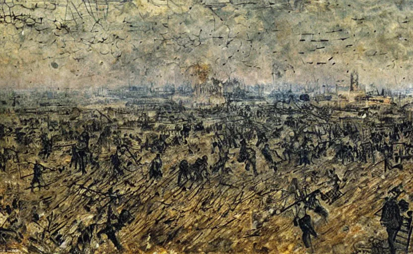 Image similar to painting by anslem kiefer of a battlefield