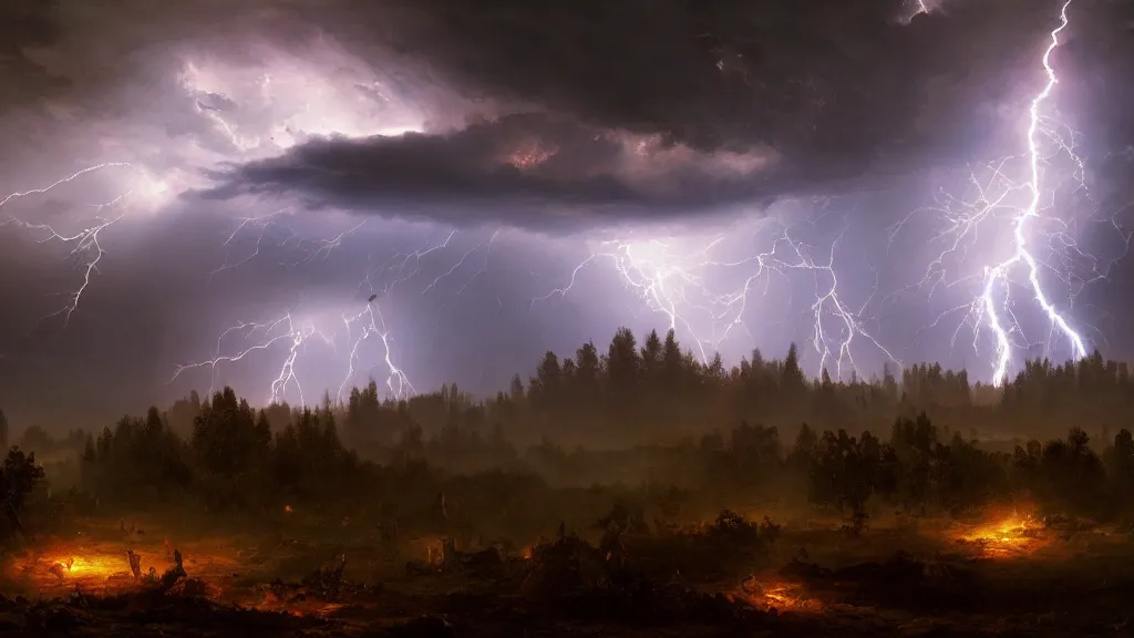 Image similar to battle for earth, lightning, storms, volumetric lightning by eugene von guerard, ivan shishkin, dramatic lighting, concept art, trending on artstation, 8 k