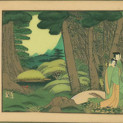 Image similar to A beautiful photograph of a serene and picturesque forest scene. The leaves are all different shades of green, and the sunlight is shining through the trees. There is a small stream running through the forest, and the whole scene is surrounded by mountains. lawn green, ensō by Utagawa Kuniyoshi, by Jean Fouquet