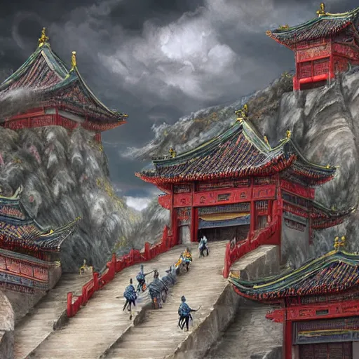 Image similar to dynamic composition, motion, ultra-detailed, incredibly detailed, a lot of details, amazing fine details and brush strokes, colorful and grayish palette, smooth, HD semirealistic anime CG concept art digital painting, watercolor oil painting of epic castle gate, from Three Kingdoms, by a Chinese artist at ArtStation, by Huang Guangjian, Fenghua Zhong, Ruan Jia, Xin Jin and Wei Chang. Realistic artwork of a Chinese videogame, gradients, gentle an harmonic grayish colors.