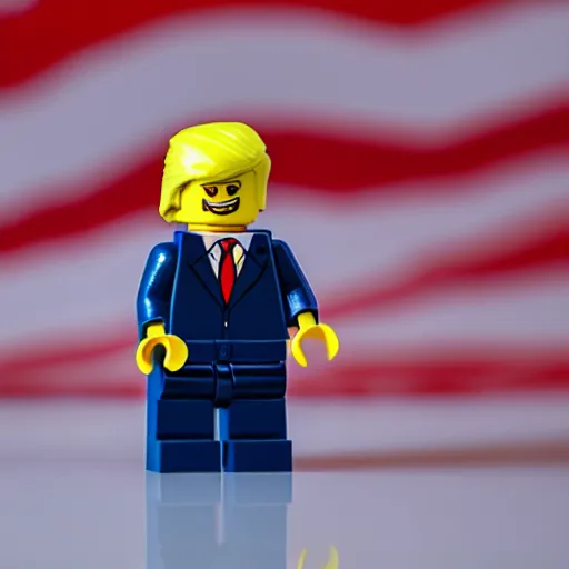 Image similar to lego figurine of donald trump, studio lighting, macro lens, high quality