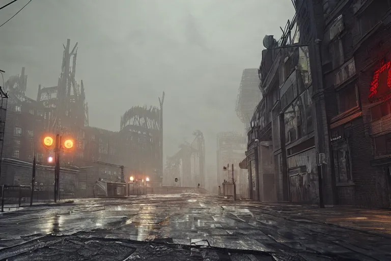 Prompt: the post-apocalyptic streets of London during a heavy thunderstorm, unreal engine 5, hyperdetailed, photorealistic, trending on artstation