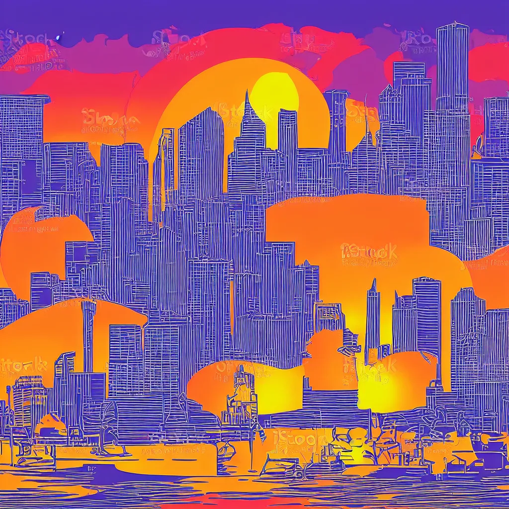 Image similar to minimialist vector art of tampa skyline at sunset, illustration