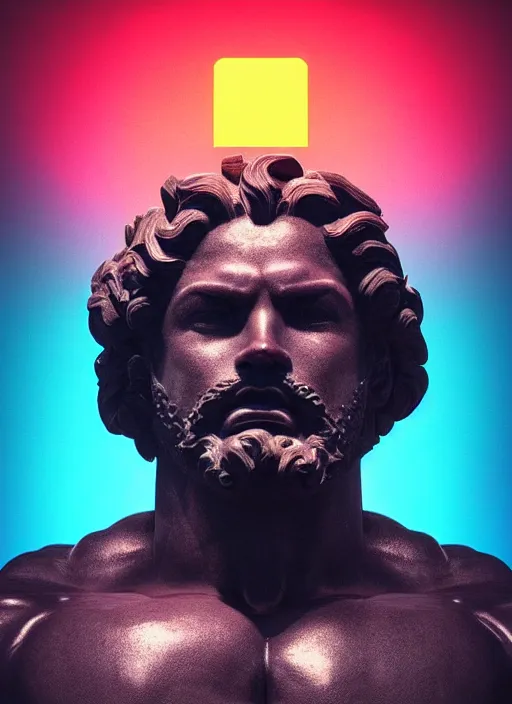 Image similar to statue of hercules looking angry, beeple, vaporwave, retrowave, black background, neon, black, glitch, strong contrast, neon wiring, cuts, pinterest, trending on artstation