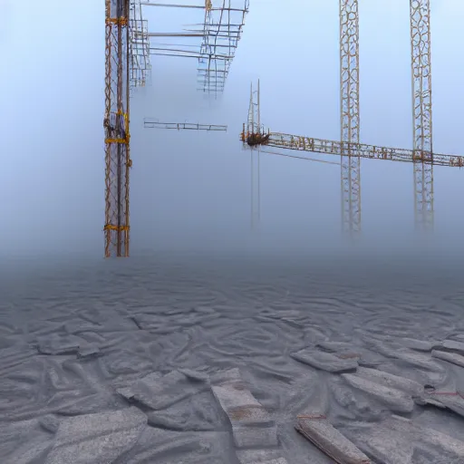 Prompt: a construction site half engolfed in fog 3 d render