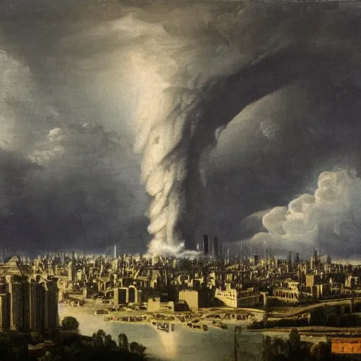 Image similar to a tornado made of dollar bills with dark clouds and city in the background by Ansel Adams and Bernardo Bellotto, oil on canvas, artstation, dramatic scenery, masterpiece, aesthetic