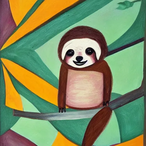 Prompt: a cute sloth on a branch, tropical, warm colors, bauhaus style award winning painting