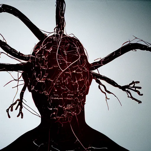 Prompt: an organic computer made out of live parts, cable, nerves, organs, by cronenberg, film still, photography, argentic, ominous