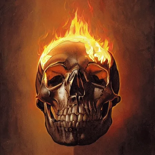 Image similar to human skull on fire, held by the rotten decayed hands of a human, cinematic, by greg rutowski, by greg rutkowski, by stanley artgerm, by alphonse mucha