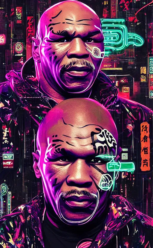 Image similar to detailed portrait Mike Tyson Neon Operator, cyberpunk futuristic neon, reflective puffy coat, decorated with traditional Japanese ornaments by Ismail inceoglu dragan bibin hans thoma !dream detailed portrait Neon Operator Girl, cyberpunk futuristic neon, reflective puffy coat, decorated with traditional Japanese ornaments by Ismail inceoglu dragan bibin hans thoma greg rutkowski Alexandros Pyromallis Nekro Rene Maritte Illustrated, Perfect face, fine details, realistic shaded, fine-face, pretty face