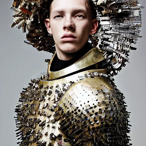 Image similar to a portrait of a beautiful young male wearing an alexander mcqueen armor made of garbage, photographed by andrew thomas huang, artistic