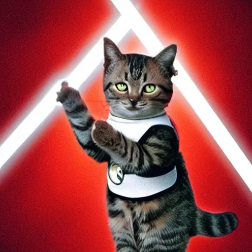 Prompt: cat in a red starfleet uniform wielding a lightsaber