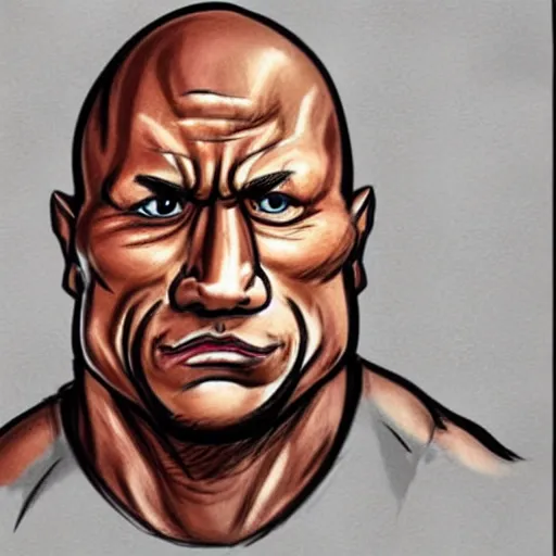 Image similar to caricature drawing of Dwayne Johnson looking angry.