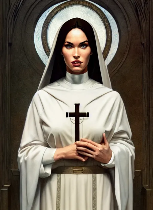 Image similar to portrait of megan fox as a sultry nun, catholic, church, bible, christian, intricate, headshot, highly detailed, digital painting, artstation, concept art, sharp focus, cinematic lighting, illustration, art by artgerm and greg rutkowski, alphonse mucha, cgsociety