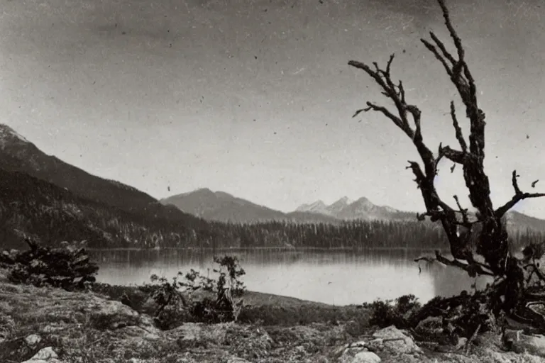 Image similar to very old photo of a landscape of mountains with lake and a dead tree in the foreground, , 1920