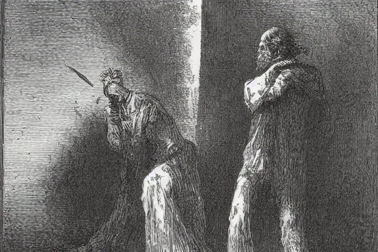 Prompt: taking knife rips, Gustave Dore lithography