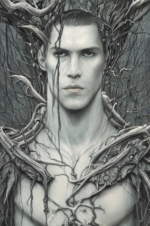 Image similar to portrait of beautiful gothic and futuristic young man, warcraft, cyber and rocks armor whith some trees, a lot of more and more scars, thunderstorm, black with white head, the middle ages, highly detailed, artstation, illustration, more and more composision, 8 k quality, art by jean delville