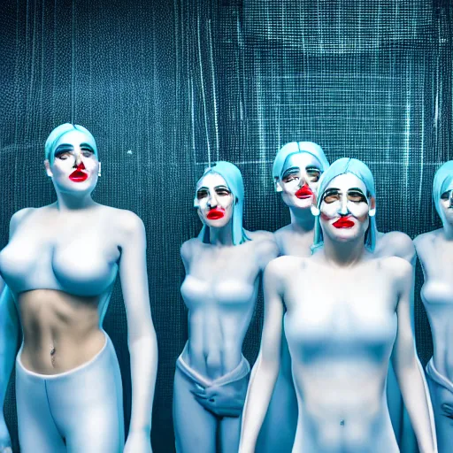 Image similar to troop of cloned freakshow women with white bob hairdos, tight light blue neopren suits, futuristic production facility, sci - fi, highly detailed, cinematic