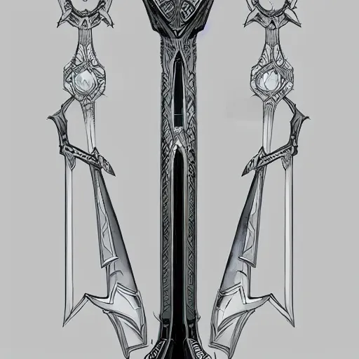 Prompt: concept art of legendary celestial sword weapon, symmetry, sword design, fantasy sword, fantasy, behance, pinterest, deviantart, artstation, weapons concept art, design, rpg, weapon, detailed, digital art, incredible, digital painting