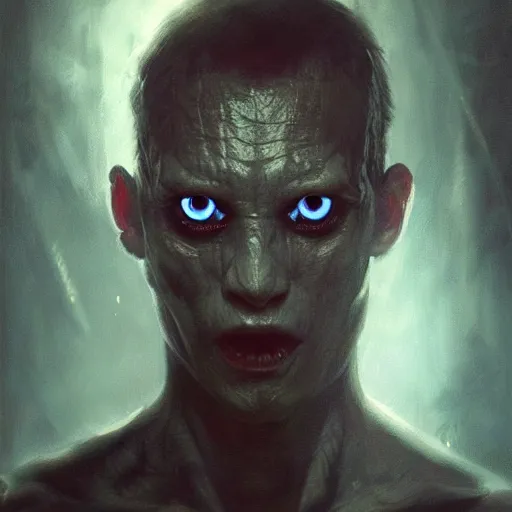 Prompt: a hyper realistic portrait painting of a half lizard half man, glowing eyes, creepy, backlight, horror vibe, real, realistic lighting in the style of greg rutkowski, trending on artstation,