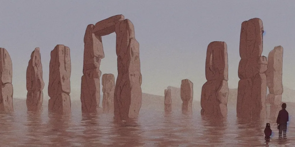 Image similar to a realistic cell - shaded studio ghibli concept art from paprika ( 2 0 0 6 ) of a tan dolphin from close encounters of the third kind ( 1 9 7 7 ) in a flooded monument valley stonehenge. very dull colors, wide shot, hd, 4 k, hq