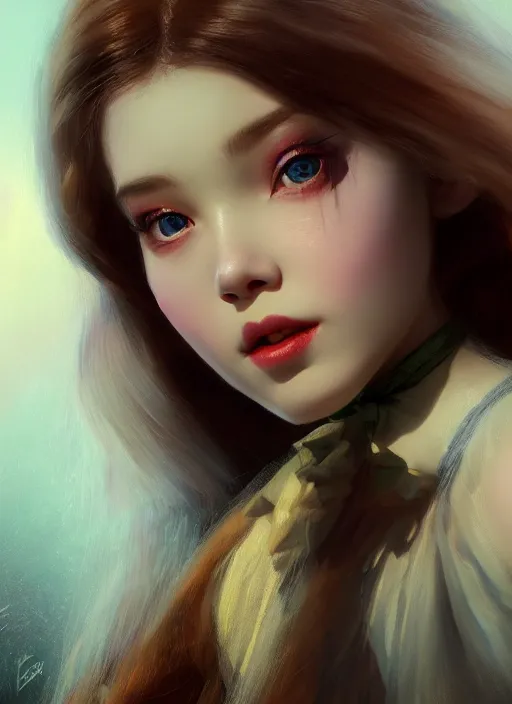 Image similar to of dark fantasy by Kyung Eom, young beautiful Belle Delphine, close up face portrait, medium shot, intricate, elegant, warm light, highly detailed, digital painting, volumetric light, artstation, concept art, smooth, sharp focus, illustration, art by Gil Elvgren and Adolf Wölfli and bruce pennington