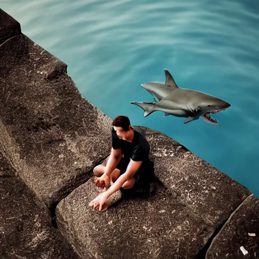 Image similar to photo of shark man sitting on a ledge, 4 k