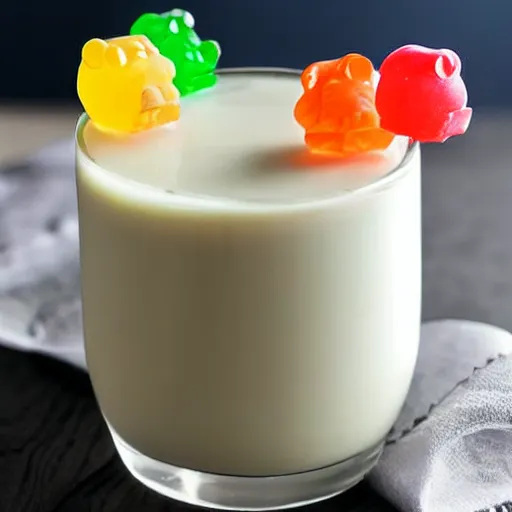 Image similar to Suudsu, skim milk with gummy bears floating in it, Food Network recipe photograph.