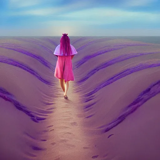 Image similar to portrait, giant purple dahlia flower head, girl walking between dunes, surreal photography, sunrise, blue sky, dramatic light, impressionist painting, digital painting, artstation, simon stalenhag