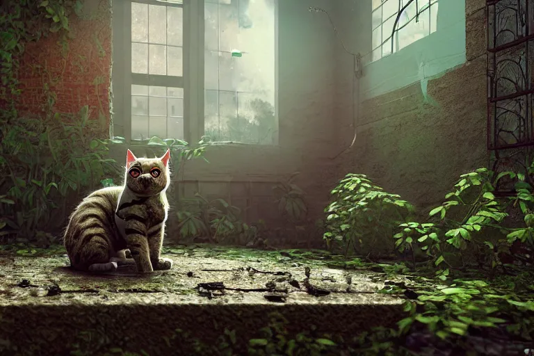 Image similar to Broken cyborg cat sitting on old courtyard with mud and an old playground between two soviet five-storey overgrown with ivy panel houses, high details, cinematic, 8k resolution, beautiful detailed, insanely intricate details, artstation trending, rule of third, octane render, unreal engine