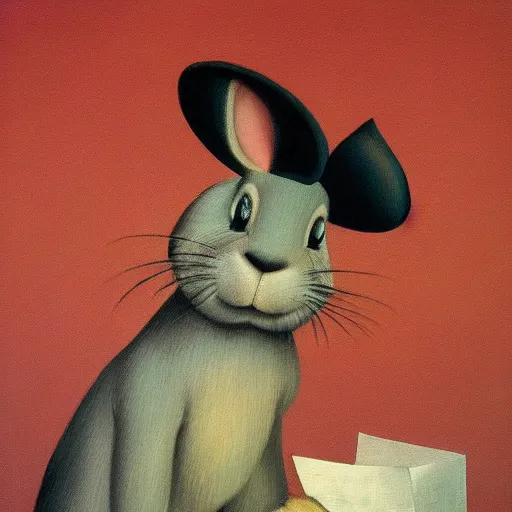 Image similar to a detective rabbit by Raphael, Hopper, and Rene Magritte. detailed, romantic, enchanting, trending on artstation.