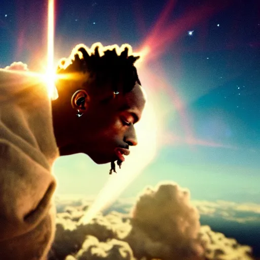 Image similar to Travis Scott sitting on a cloud over Earth, 4k, Aubrey Powell, vintage photo, lens flare, beautiful cinematography, surreal, film grain