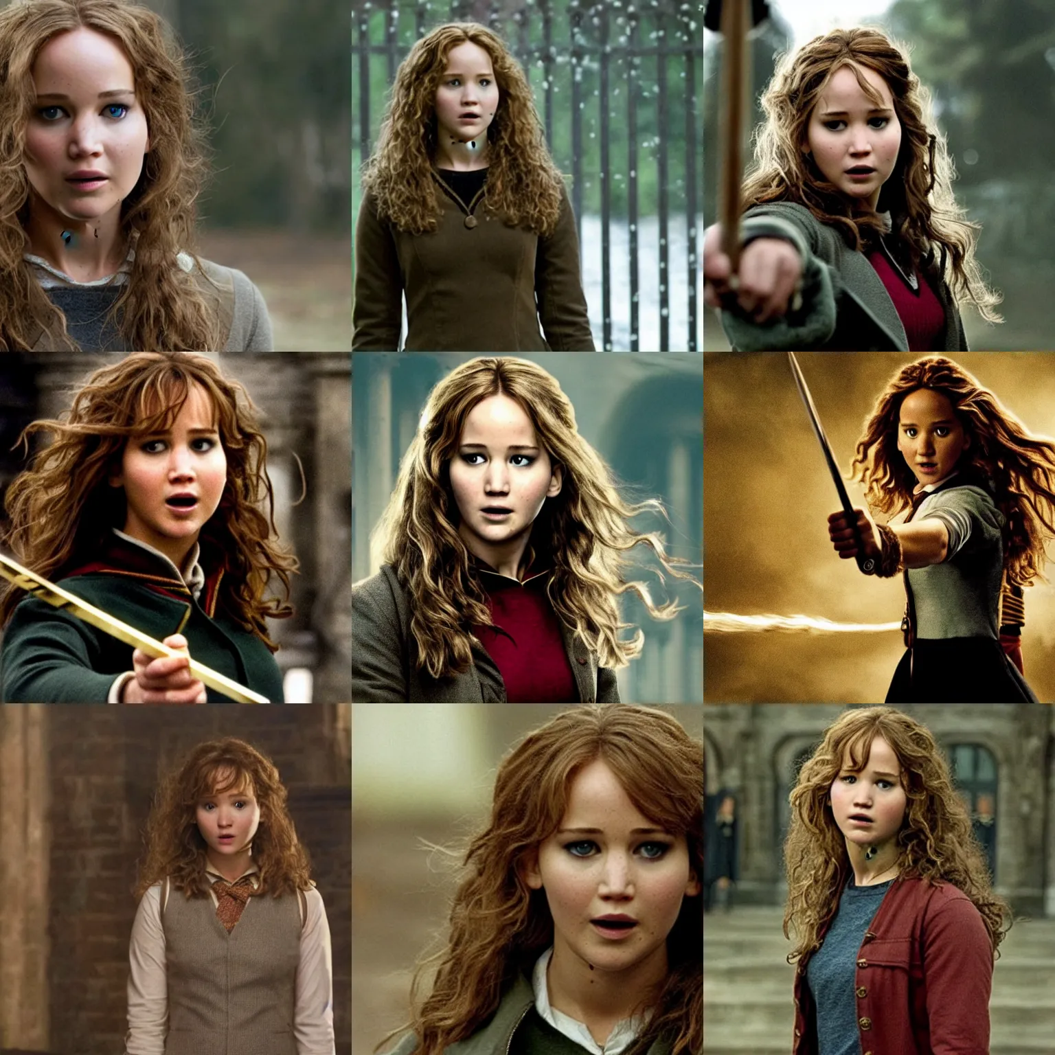 Prompt: Jennifer Lawrence as Hermione Granger, film still from Harry Potter