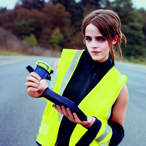 Image similar to photo, close up, emma watson in a hi vis vest picking up trash on the side of the interstate, portrait, kodak gold 2 0 0,