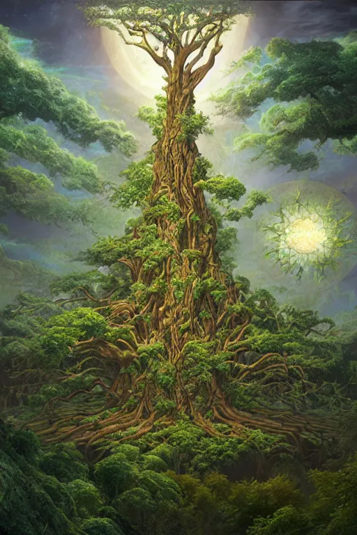 Image similar to tree of life, four seasons, volymetric light, highly detailed matte painting by ohrai, charlie bowater and mark brooks