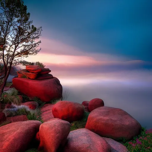 Image similar to surrealism rocky landscapen dar colors, dense fog, red sky, golden sun