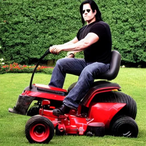 Image similar to glenn danzig on a riding lawn mower,